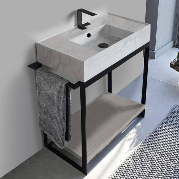 Scarabeo 5123-F-SOL2-88-One Hole Console Sink Vanity With Marble Design Ceramic Sink and Grey Oak Shelf